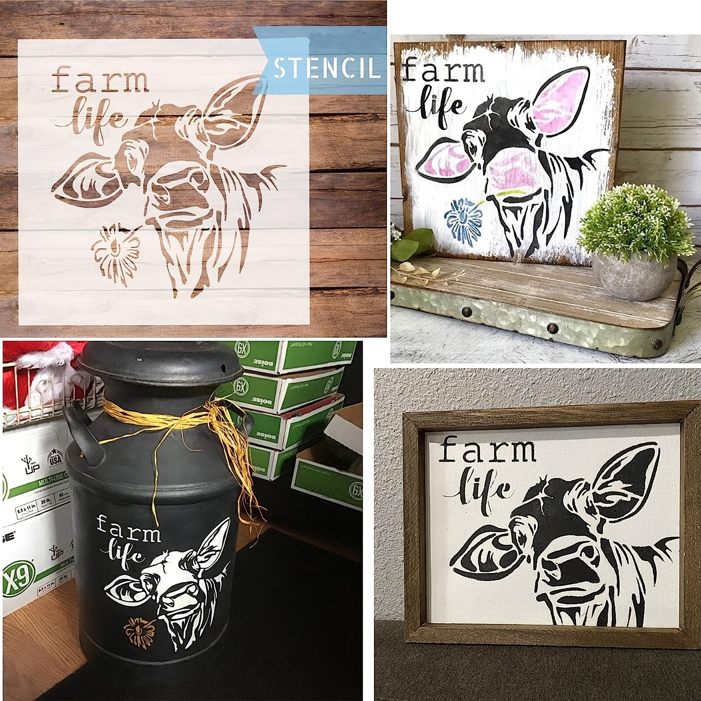 Farmhouse Stencils, 6 Pcs Farm Animals Theme Reusable Stencils for Painting  on Wood, Cow Sunflowers Bee Pig Sheep Hen Chicken Egg Stencils for Drawing