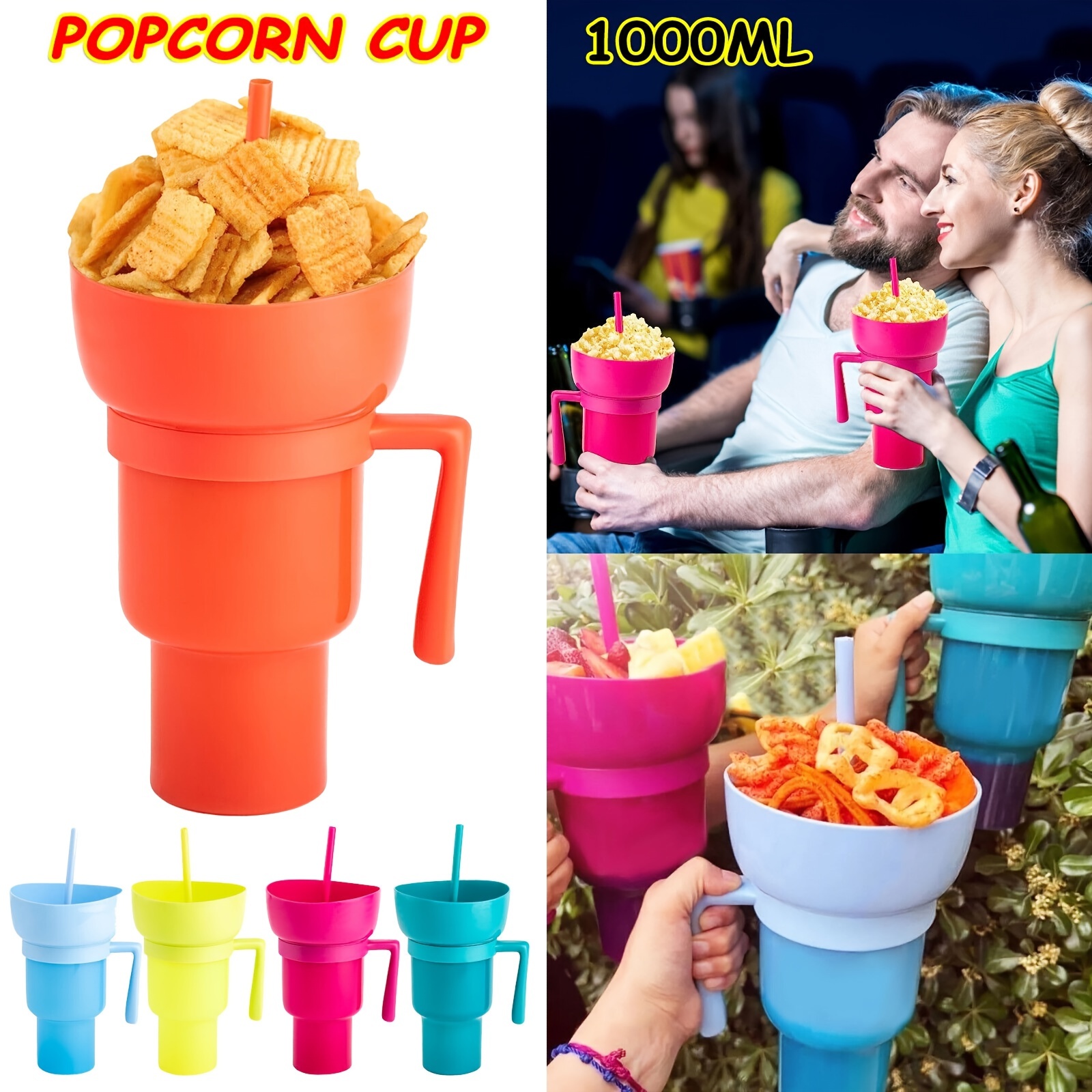 Popcorn Drink Cup Stadium Tumbler with Snack Bowl 2 In 1 Snack Drink Cup  with Straw Leakproof Snack Cup Reusable Cinema Beverage - AliExpress