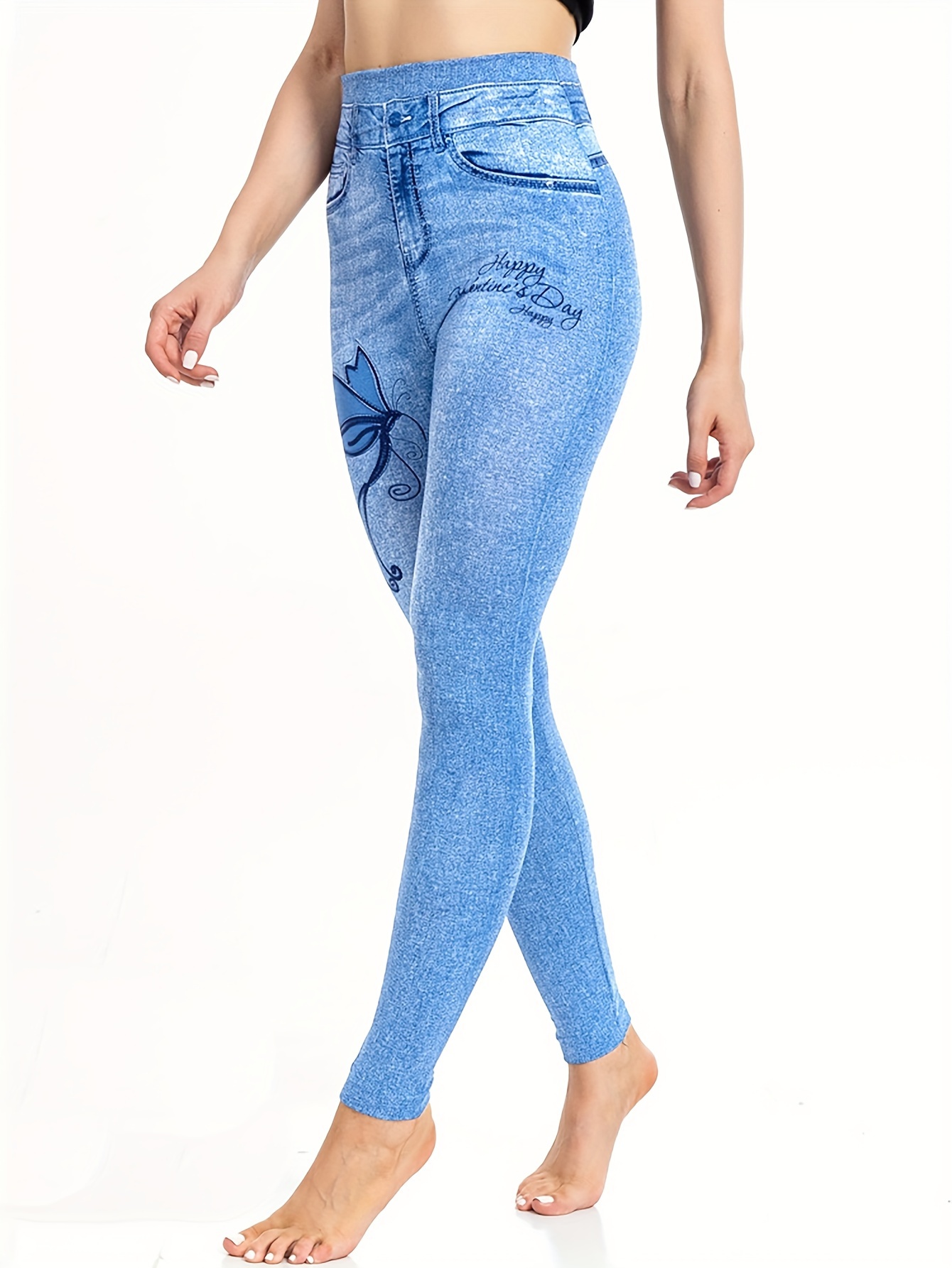 Morydal Women Jeggings Tummy Control Faux Jeans Pant High Waist Leggings  Soft Trousers Ladies Denim Print Pencil Pants Yoga Blue XL : :  Fashion