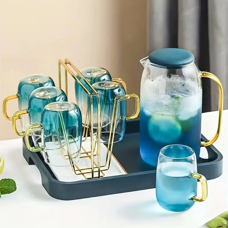 Blue Clear Pitcher And Cups Glass Drink Pitcher And Glass - Temu