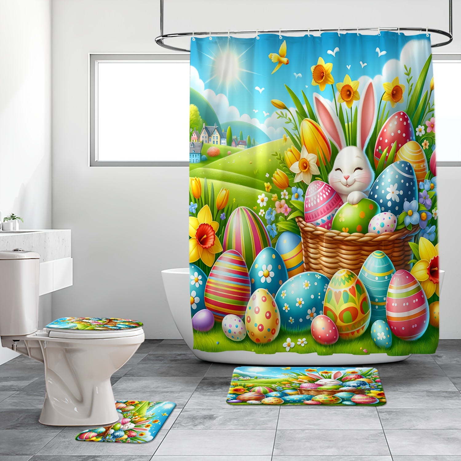  LB Cortina de ducha de primavera y Pascua, bonito gnomo con  huevos de Pascua, margarita, flores, hierba verde, cortinas de ducha para  baño, cortinas de tela impermeables duraderas con ganchos, 72