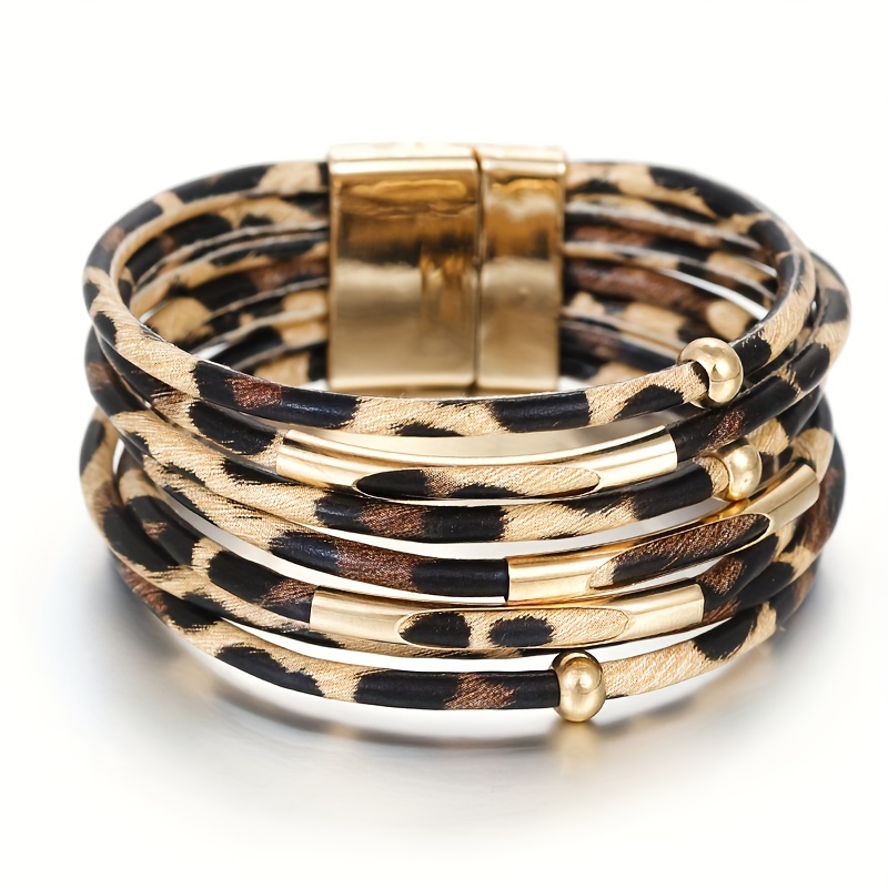 

1pc Bohemian Leopard Print Pu Leather Wrap Bracelet, Golden Metal Tube Bracelet With Magnetic Buckle Stackable Wristband Jewelry, Holiday Casual Decoration Gift