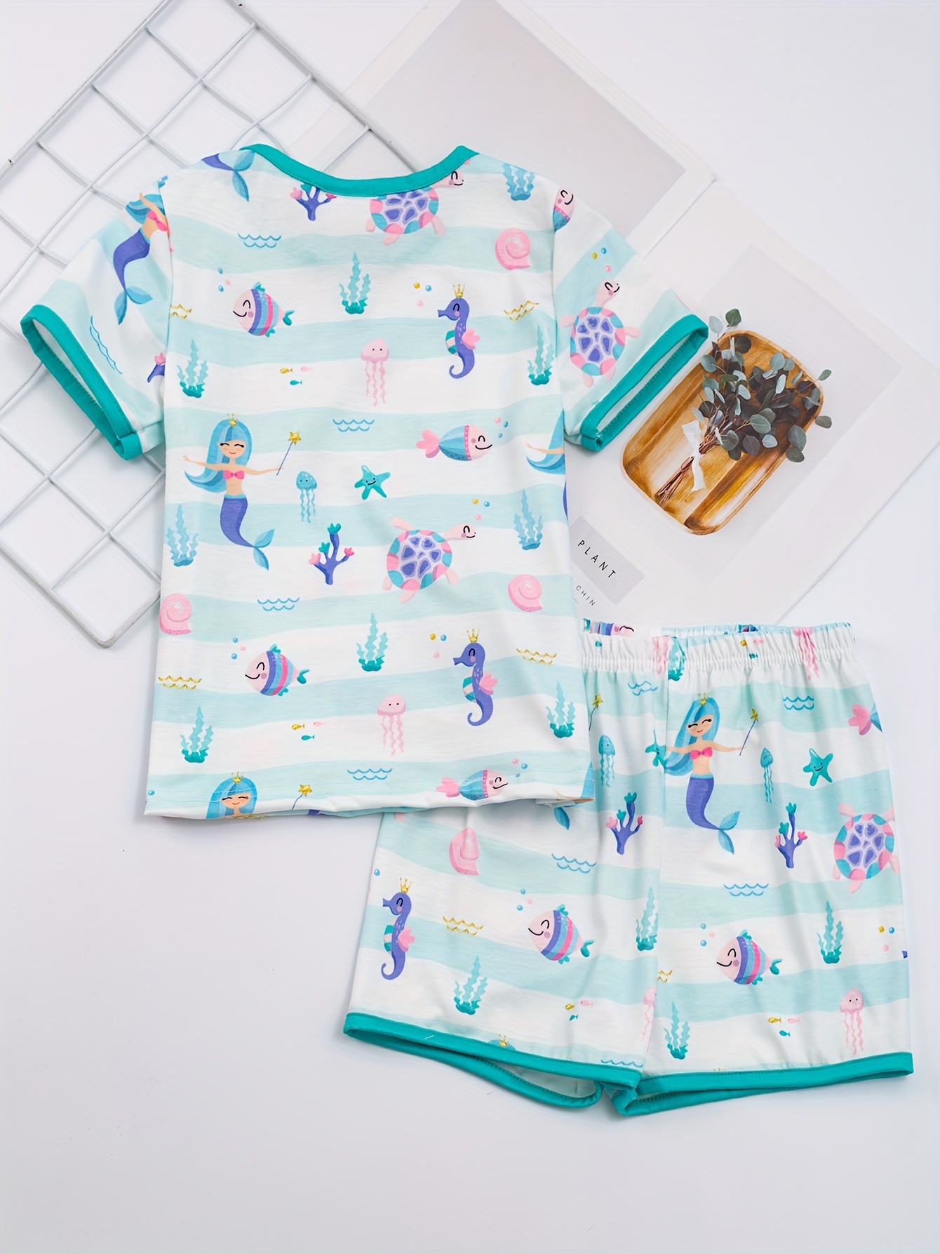 Toddler Kid Girls Pajama Set Striped Cartoon Mermaid Print - Temu