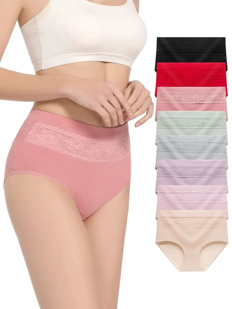 8pcs Rose Jacquard Cotton Briefs, Breathable Elastic High Waist Panties,  Women's Lingerie & Underwear