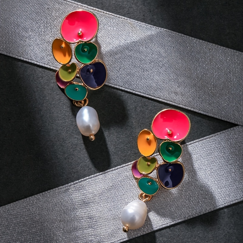 

Faux Pearl Pendant Enamel Flower Design Long Dangle Earrings Elegant Pastoral Style Creative Female Earrings