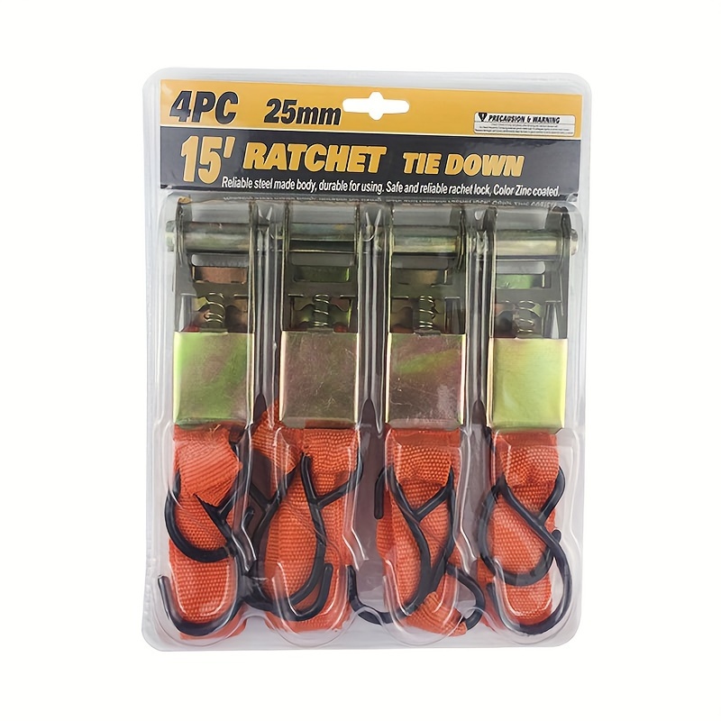 1 x 12' Auto Re-Tractable Ratchet Straps with Zinc Coated S hook - Orange  (4 Pcs)