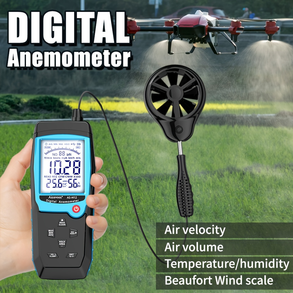 Aicevoos Split Type Digital Anemometer, Handheld Split Type Wind Speed  Meter Wind Power Temperature Humidity Measurement Air Volume Tester