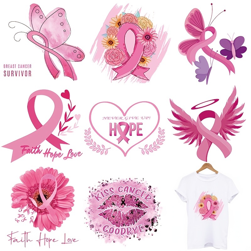 8 Sheets Breast Cancer Awareness Iron on Transfers Stickers Pink Ribbon  Heat Transfer Vinyl Design Breast Cancer Pink Ribbon Iron on Decals Patch  for