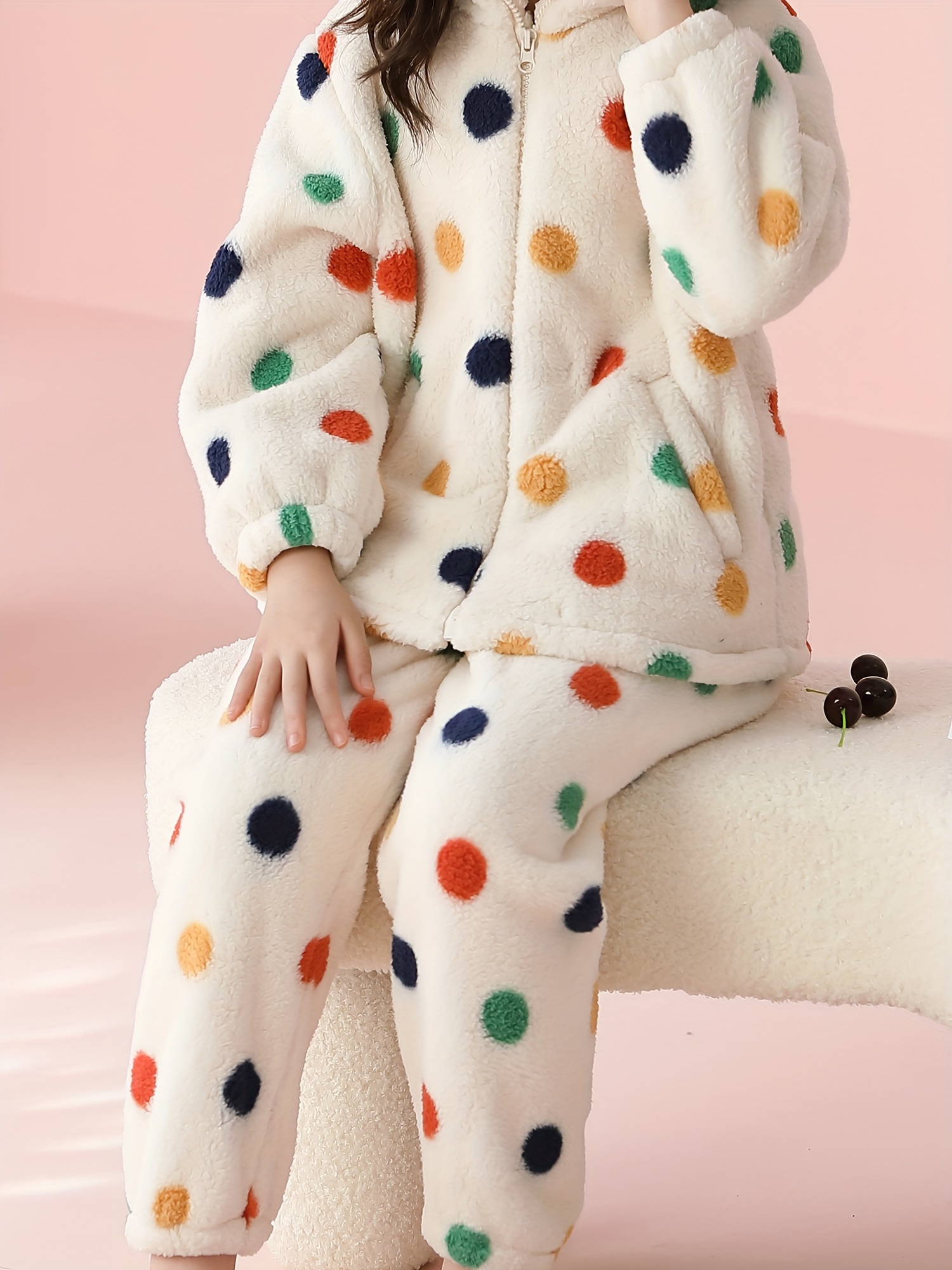 Children's Warm Flannel Pajamas Cute Colour Dots Placket - Temu