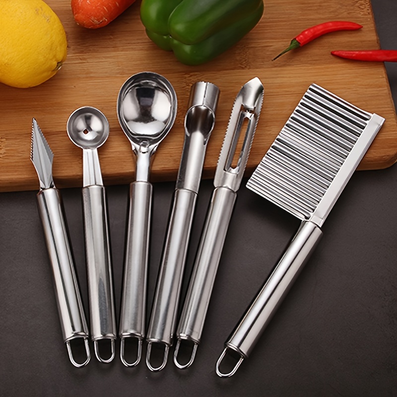 

6pcs, Stainless Steel Kitchen Gadget Set Fruit Corer, Carving Knife, Watermelon Scoop, Potato Peeler, Wavy Cutter Knife, Melon And Fruit Seed Remover, Kitchen Stuff, Kitchen Tools