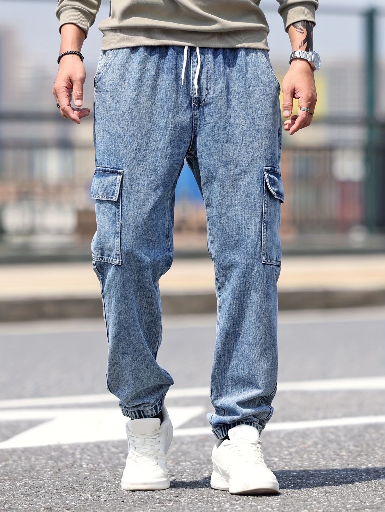 Loose Fit Multi Pocket Cargo Casual Distressed Temu Men\'s Jeans 