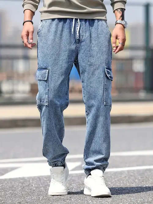 Loose Fit Multi Pocket Cargo Jeans Men\'s Casual Distressed - Temu