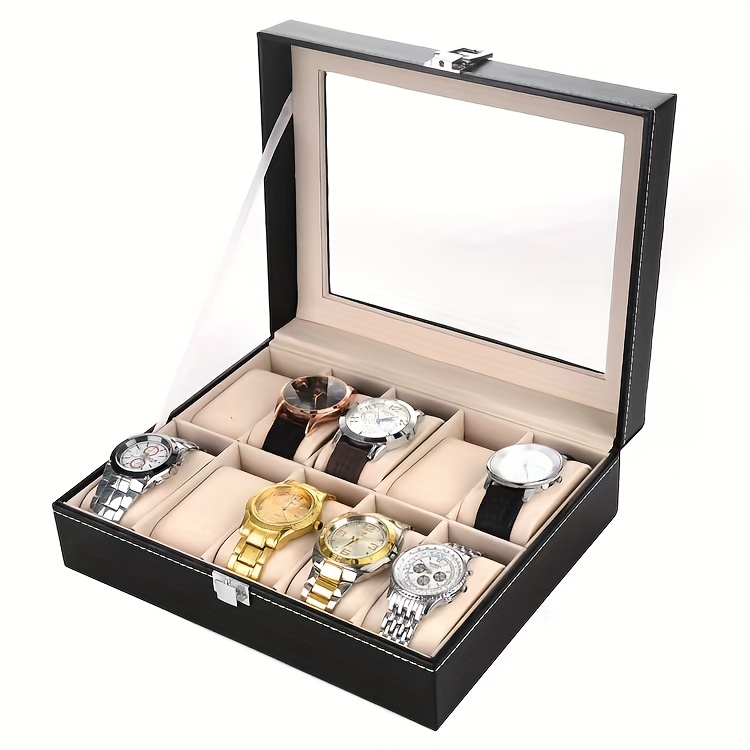 Black PU Leather Hand Jewelry Watch Storage Box, Dustproof Transparent 6/10 Slots Box With Lock, Ideal Choice For Gifts details 2