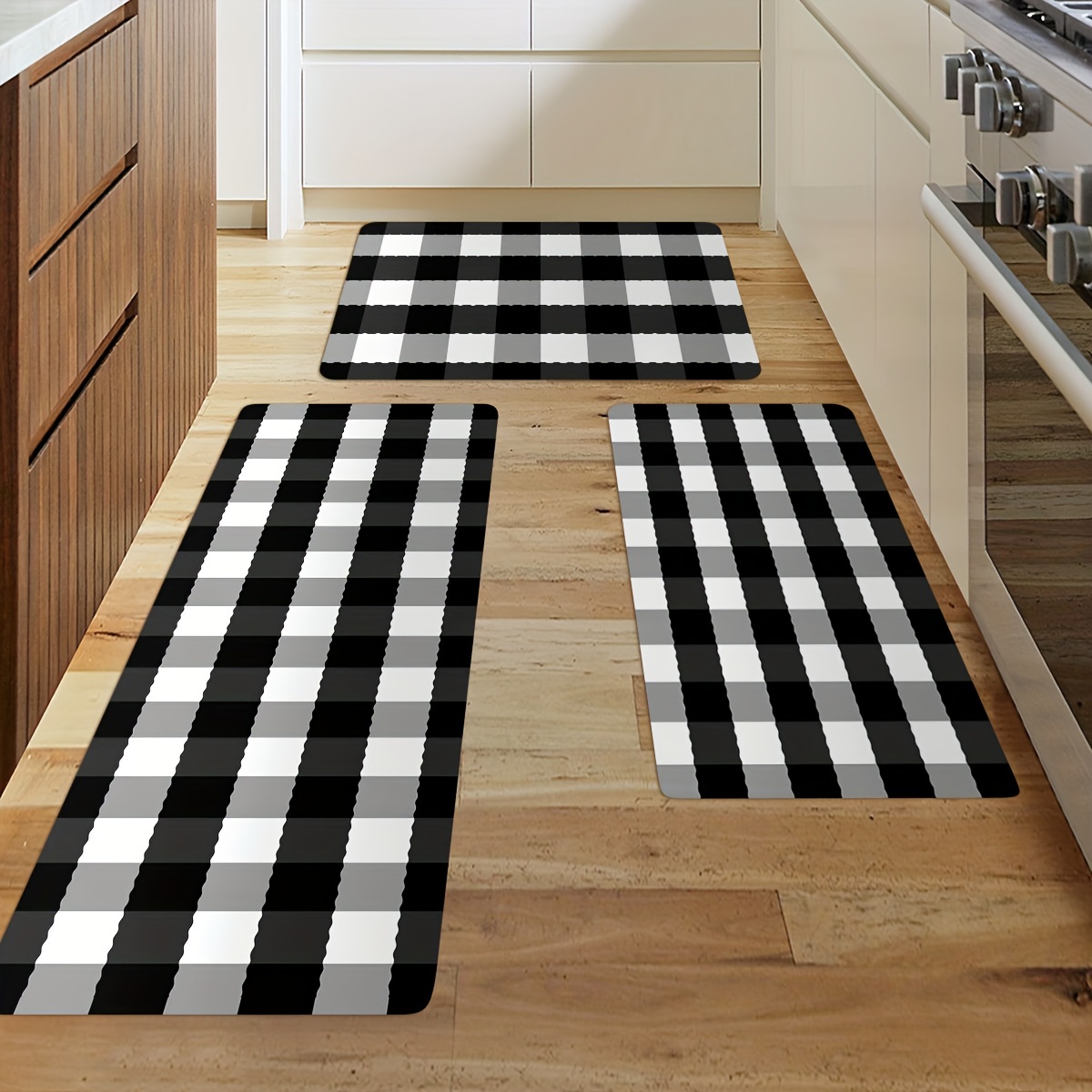 Kitchen Floor Mat Black White Gray Checkered Printed Rug - Temu