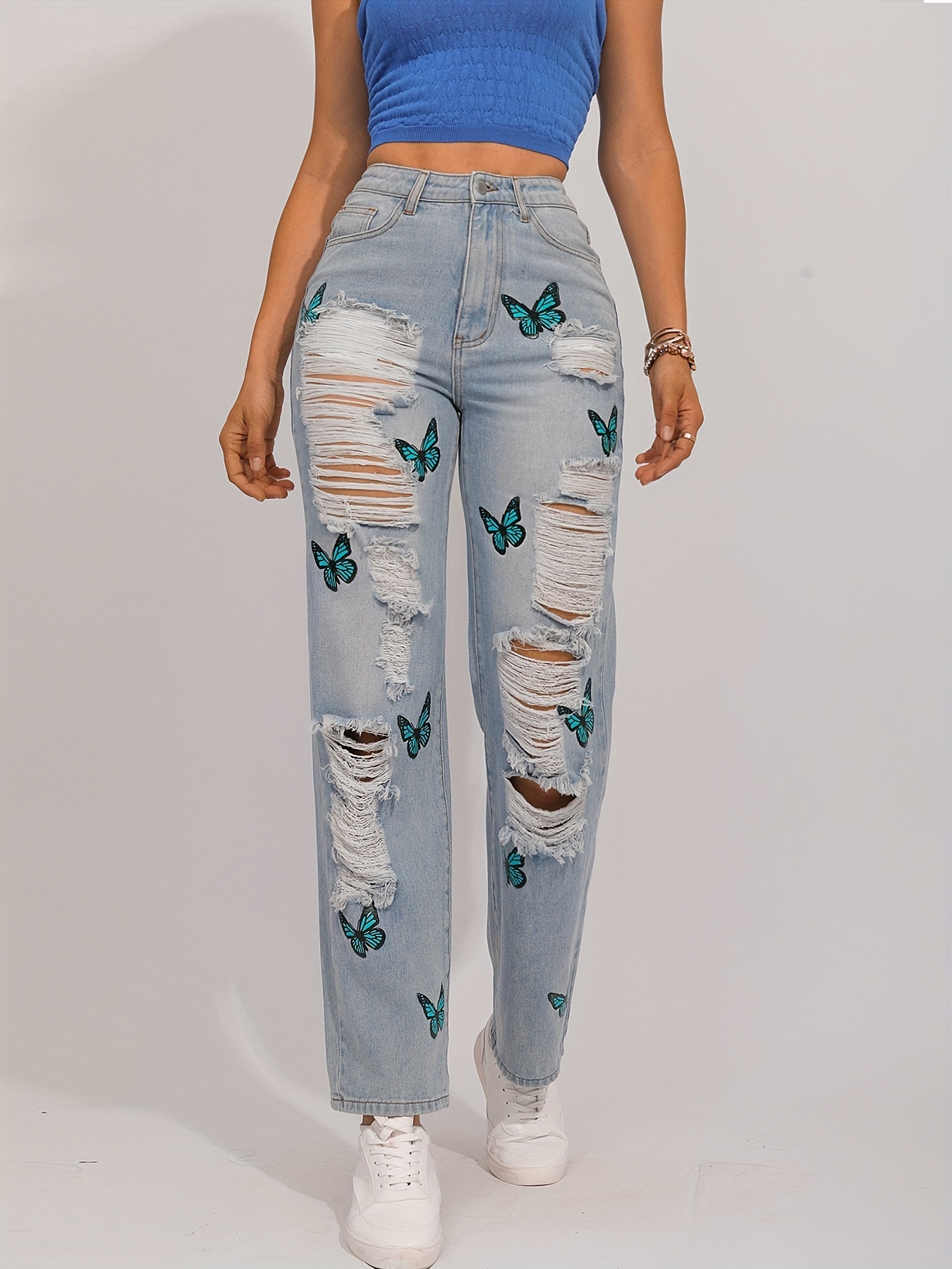 Butterfly Print Ripped Blue Straight Jeans Slash Pockets - Temu Australia