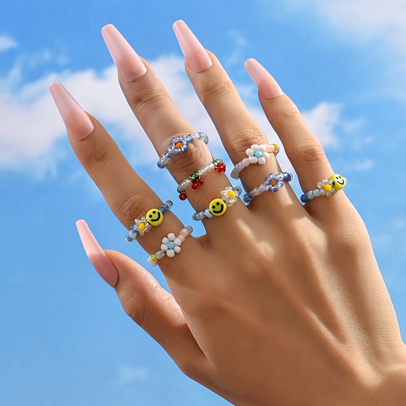 

8pcs/set Bohemian Cute Rice Beads Cherry Smiling Face Flower Ring Set For Women Beaded Colorful Stacking Ring Set