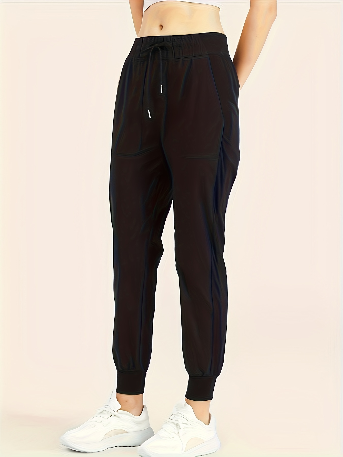 Plus Size Sports Pants, Women's Plus Solid Elastic Waist Slight Stretch Gym  Joggers With Pockets