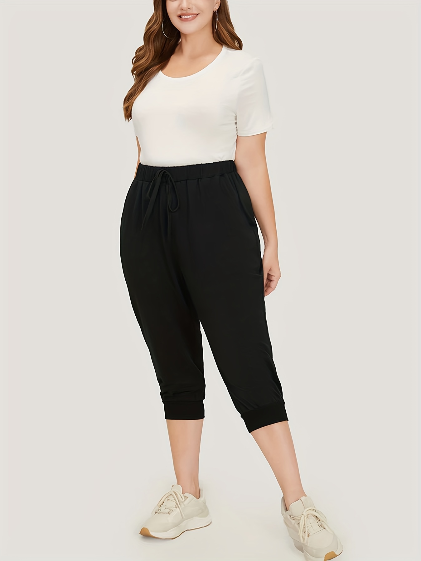 Plus Size Elegant Capri Pants Women's Plus Solid Elastic - Temu