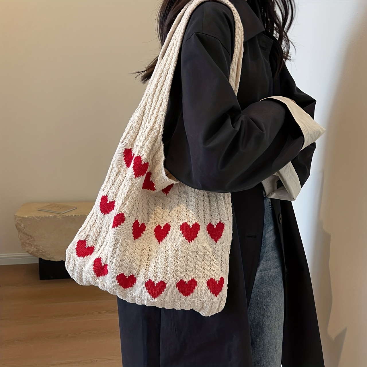 1pc Fashionable Crochet Tote Bag With Large Capacity & Heart Pattern