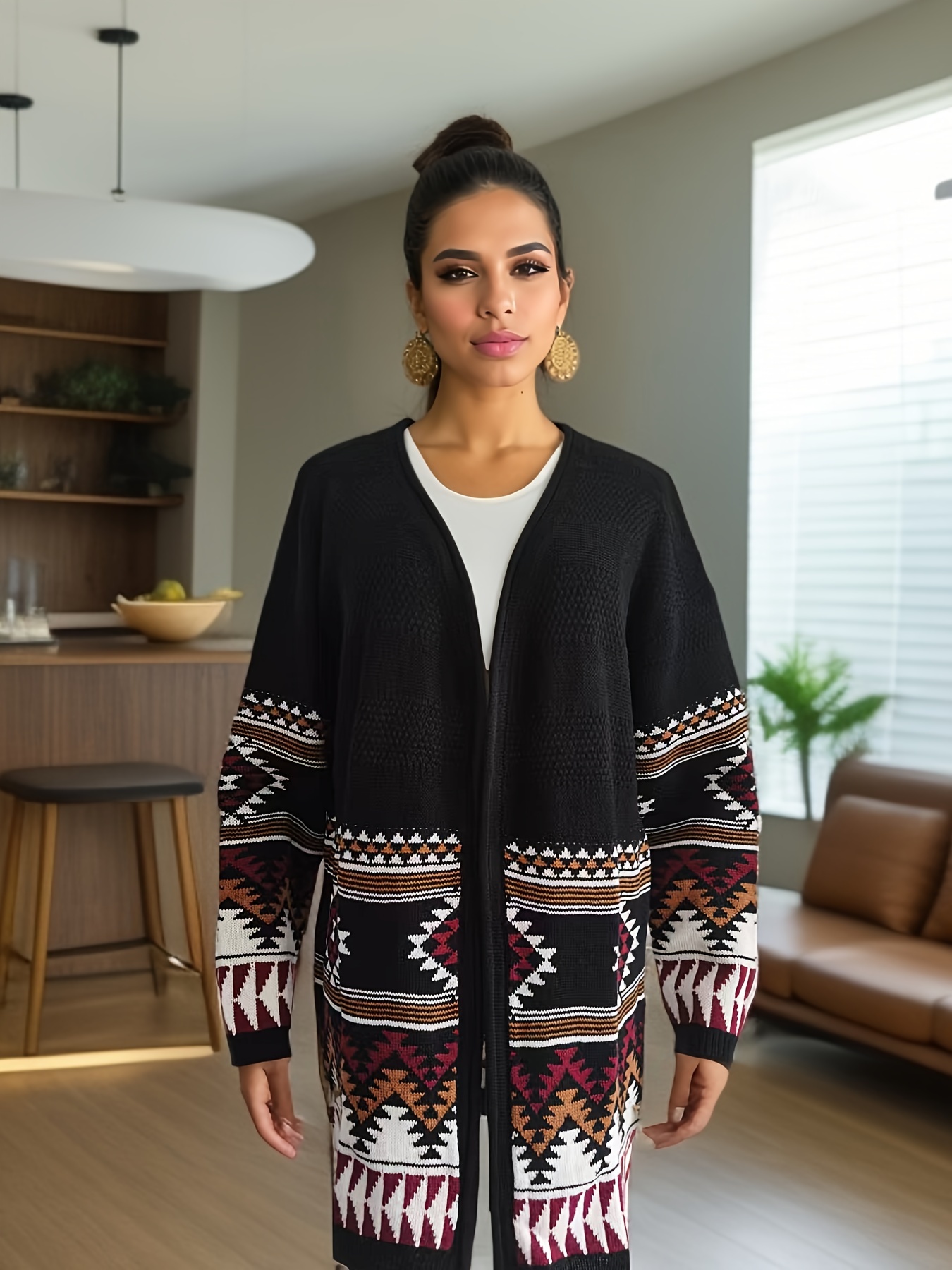 Aztec Pattern Long Cardigan, Winter & Fall Long Sleeve Casual Cardigan,  Women's Clothing