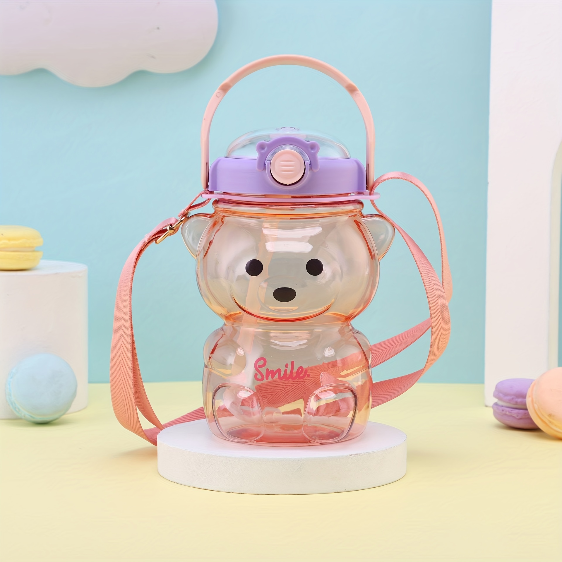 Cute Bear Water Bottle With Adjustable Shoulder Strap & Straw - Creative  Portable Water Bottle For Outdoor Camping - Temu