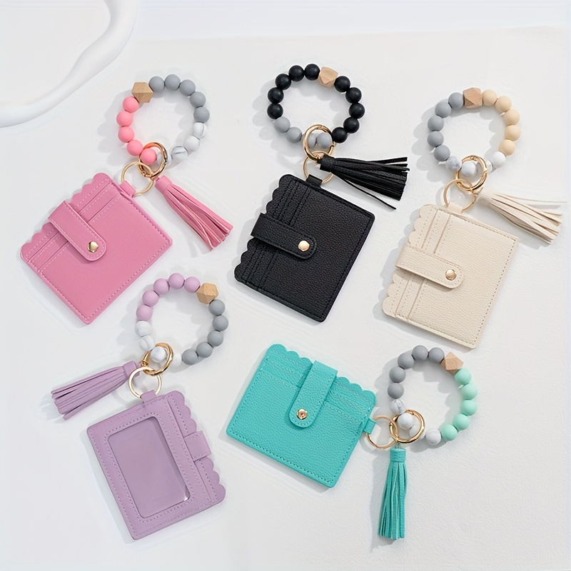 1pc Acrylic Beads Wristlet Keychain with Woolen Tassel Bag Purse Accessories for Women,Temu