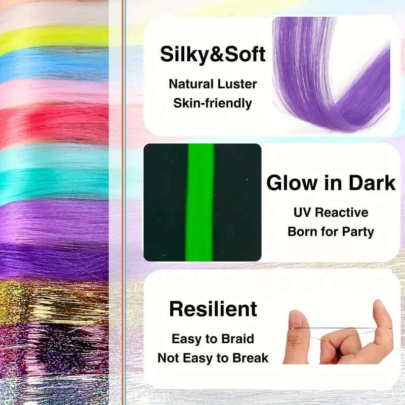 Luminous Hair Extension Kit with Tools Glow in The Dark Glitter Hair Tinsel for Girls Neon UV Reactive Synthetic Hair Accessories for Christmas