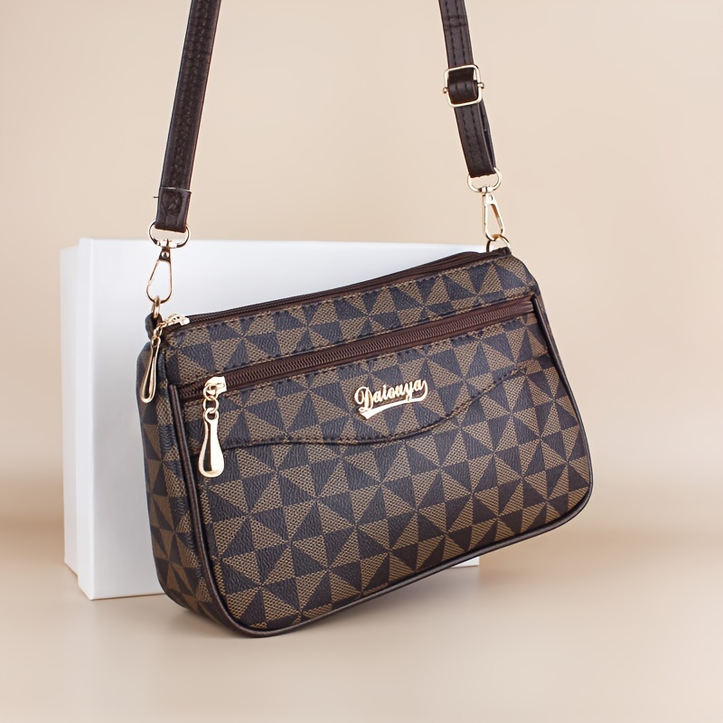 

Vintage Geometric Pattern Shoulder Bag, Casual Minimalist Zipper Crossbody Bag For Women