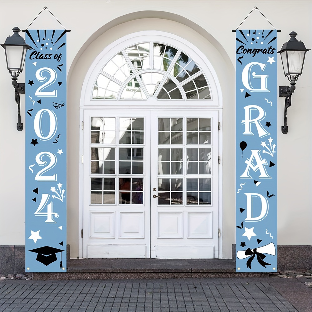 

1pair, Graduation Porch Party Decorations, Polyester Sky Blue Background Congrats Grad Banner Class Of 2024 College Graduates Front Door Hanging Graduation Party Favor Supplies For Outdoor Indoor