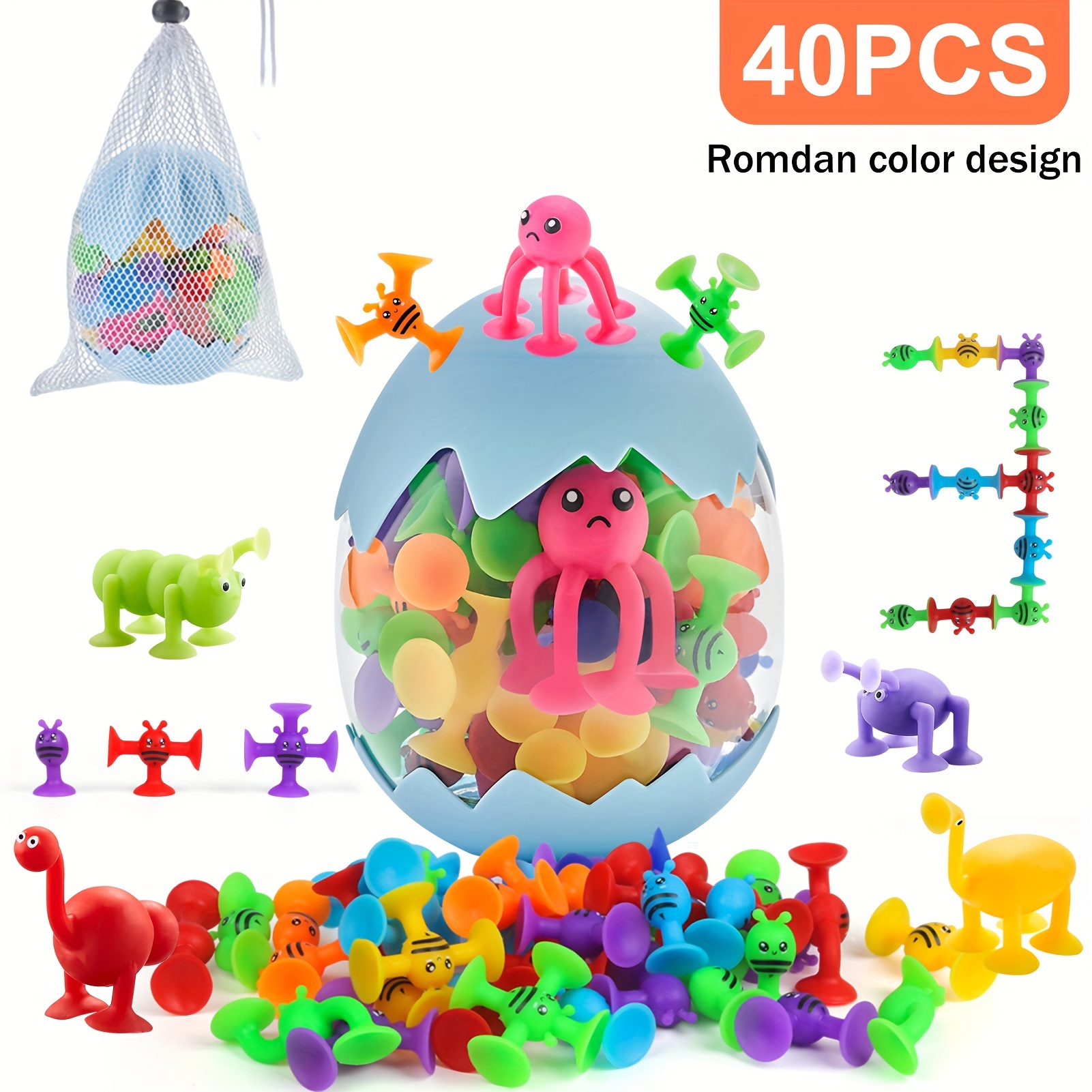 Animal Suction Toys, Silicone Sucker Toys Kids Bath Toys Sensory Toys For 3+  Year Old Boys Girls, Stress Release Toys Travel Toys Suction Cup Toys  Building Toy With Eggshell Storage - Temu