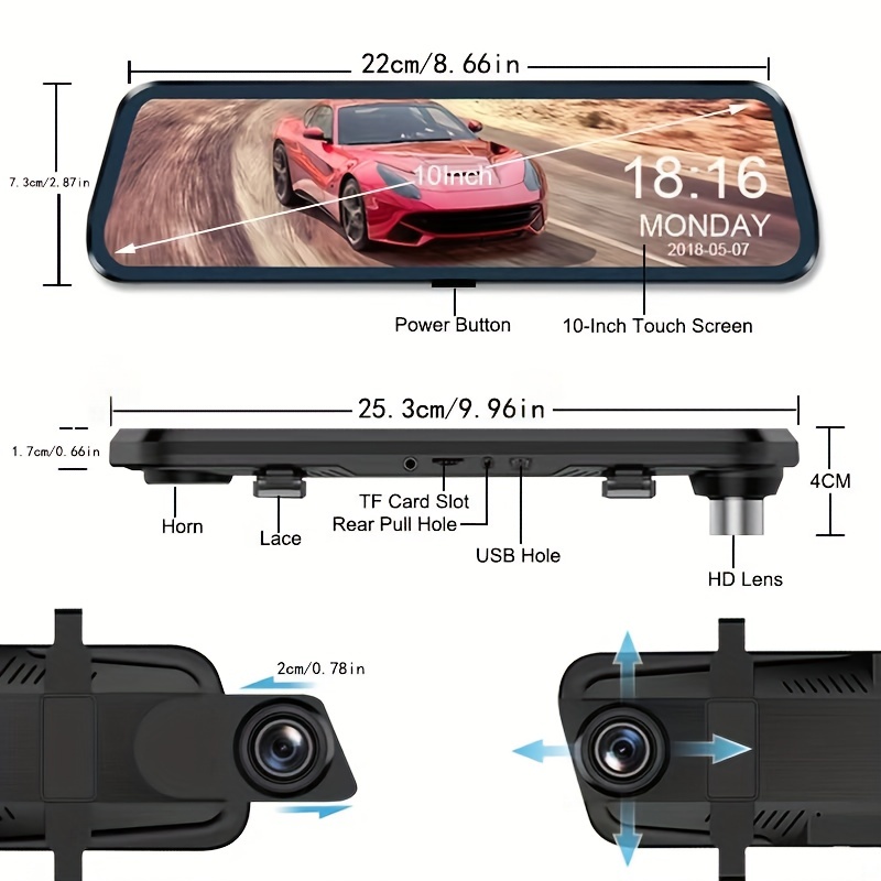 HGDO-cámara de visión trasera para coche, grabadora de vídeo táctil de 10  pulgadas, cámara de salpicadero FHD 1080P, DVR de visión nocturna para coche,  montaje de grabadora de conducción automática Dvrs 