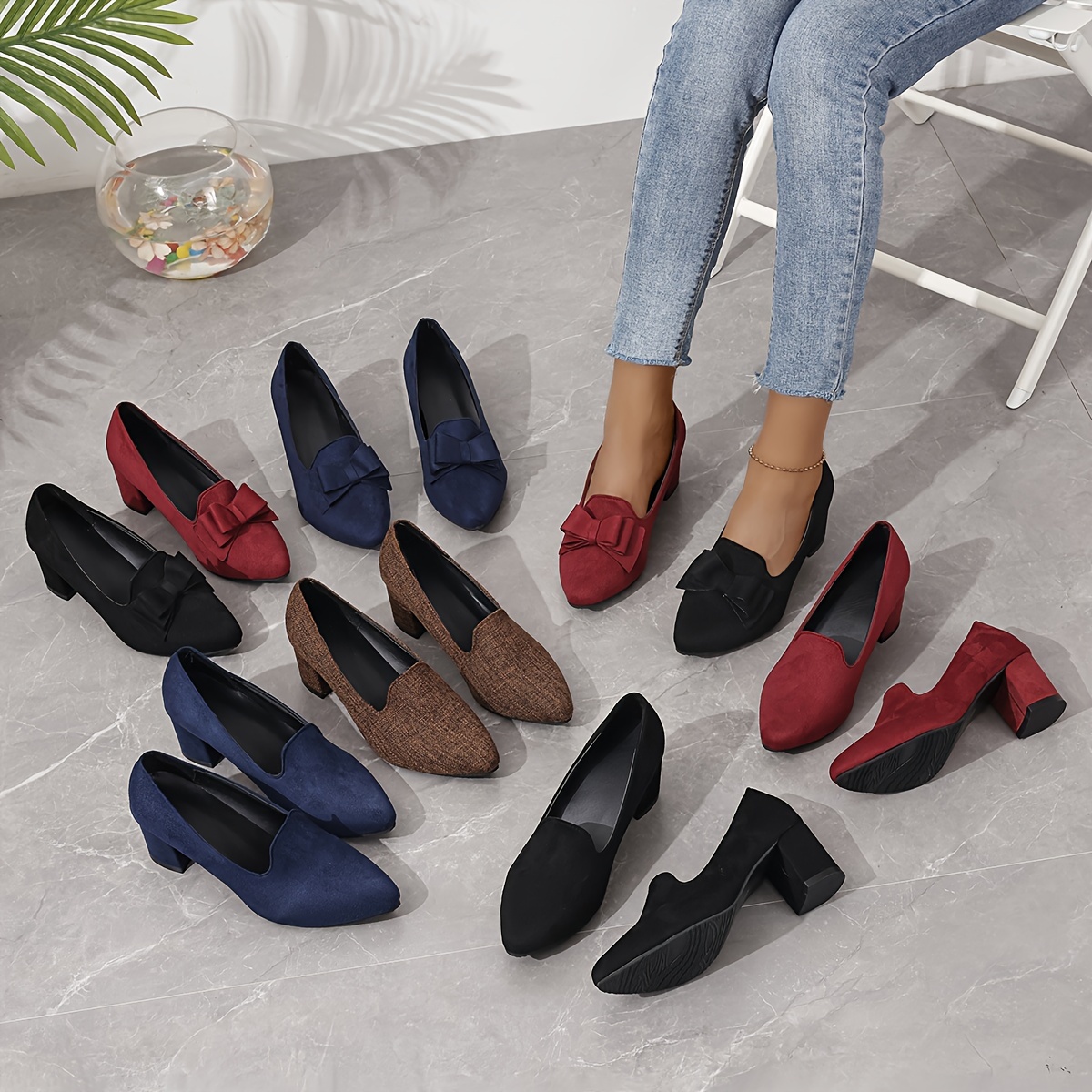Women's Bowknot Chunky Heeled Pumps Solid Color Pointed Toe - Temu Canada