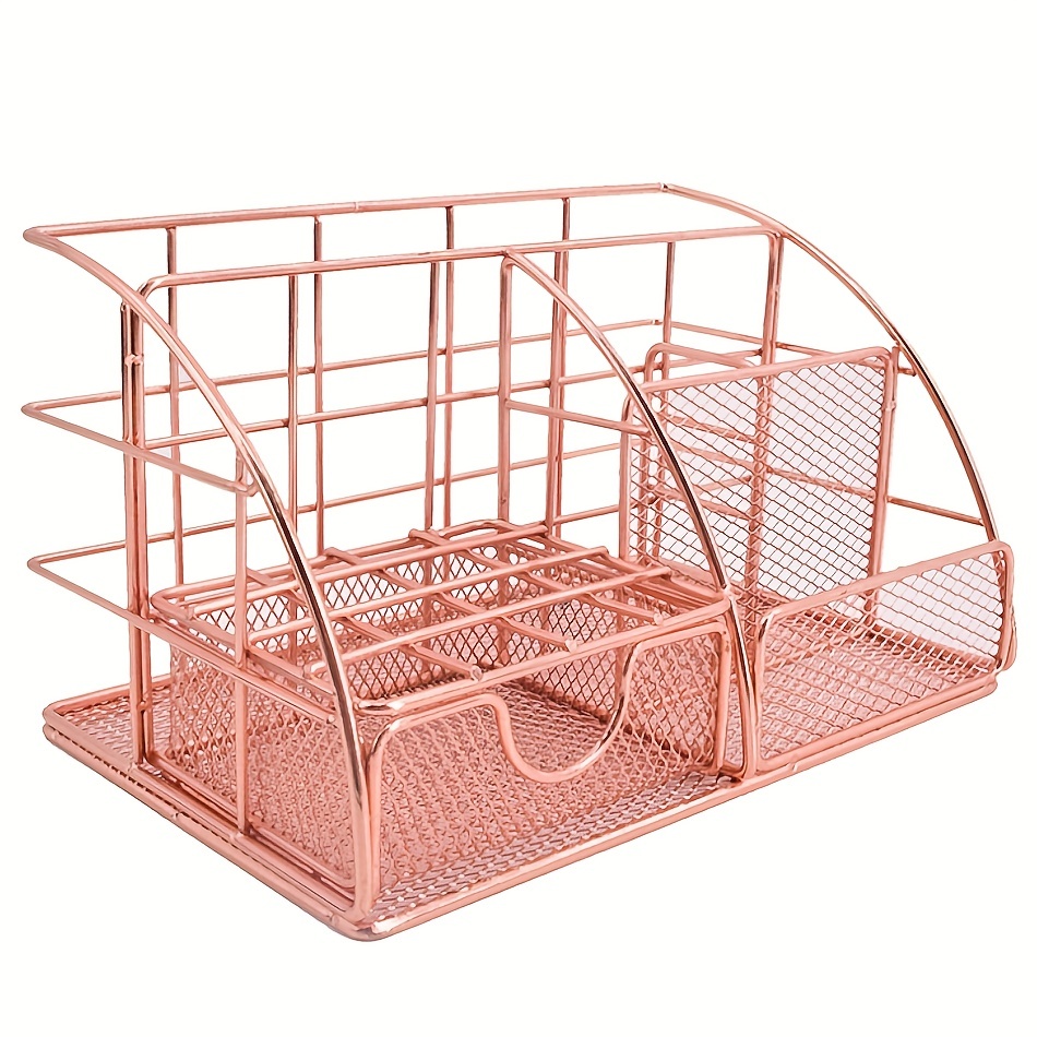 Rose Gold Desk Organizer for Women, Mesh Office Supplies Desk