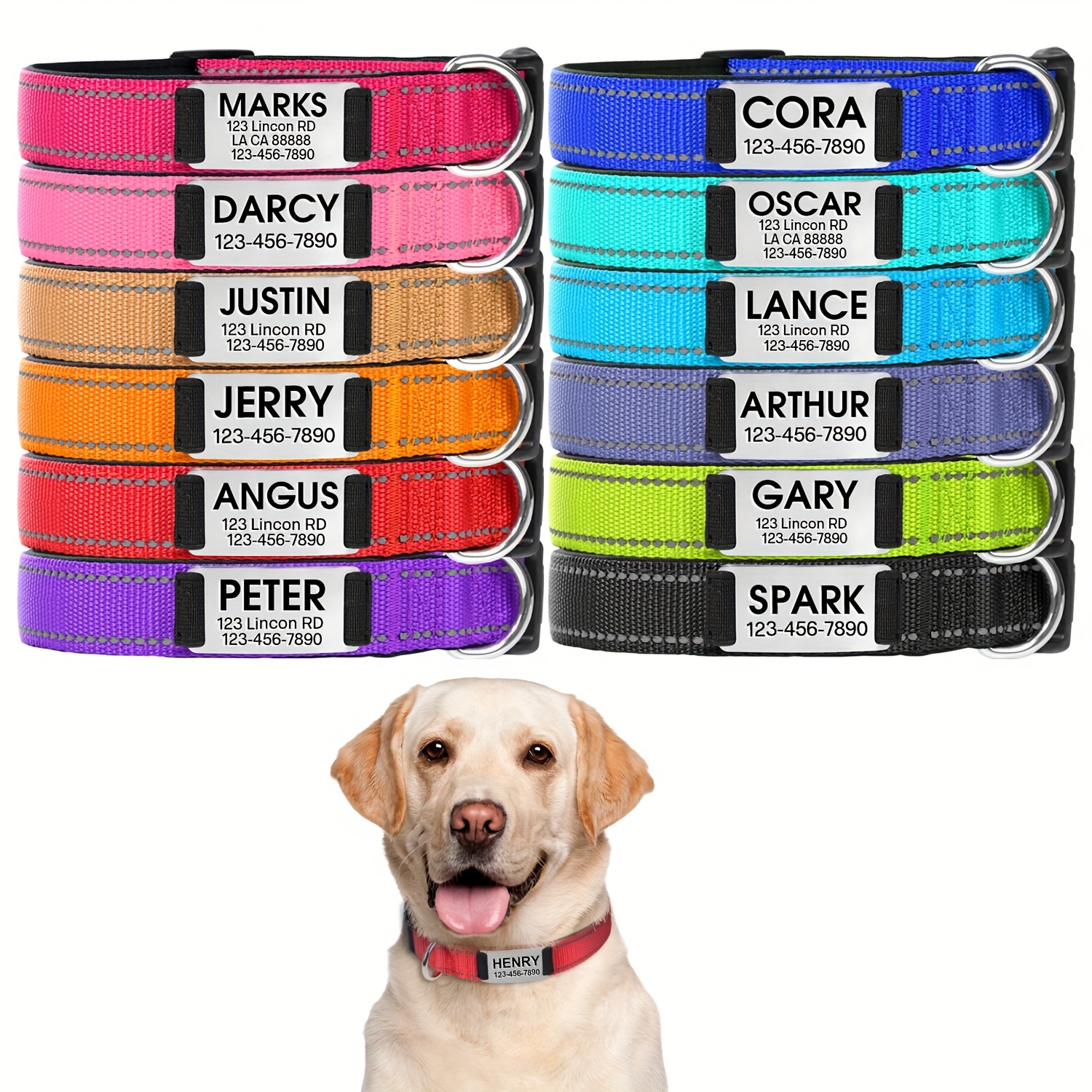 

Dog Collar With Name Plate, Personalized Dog Collar For Medium Dogs, Custom Reflective Padded Pet Collars With Engraved Slide On Id Tags