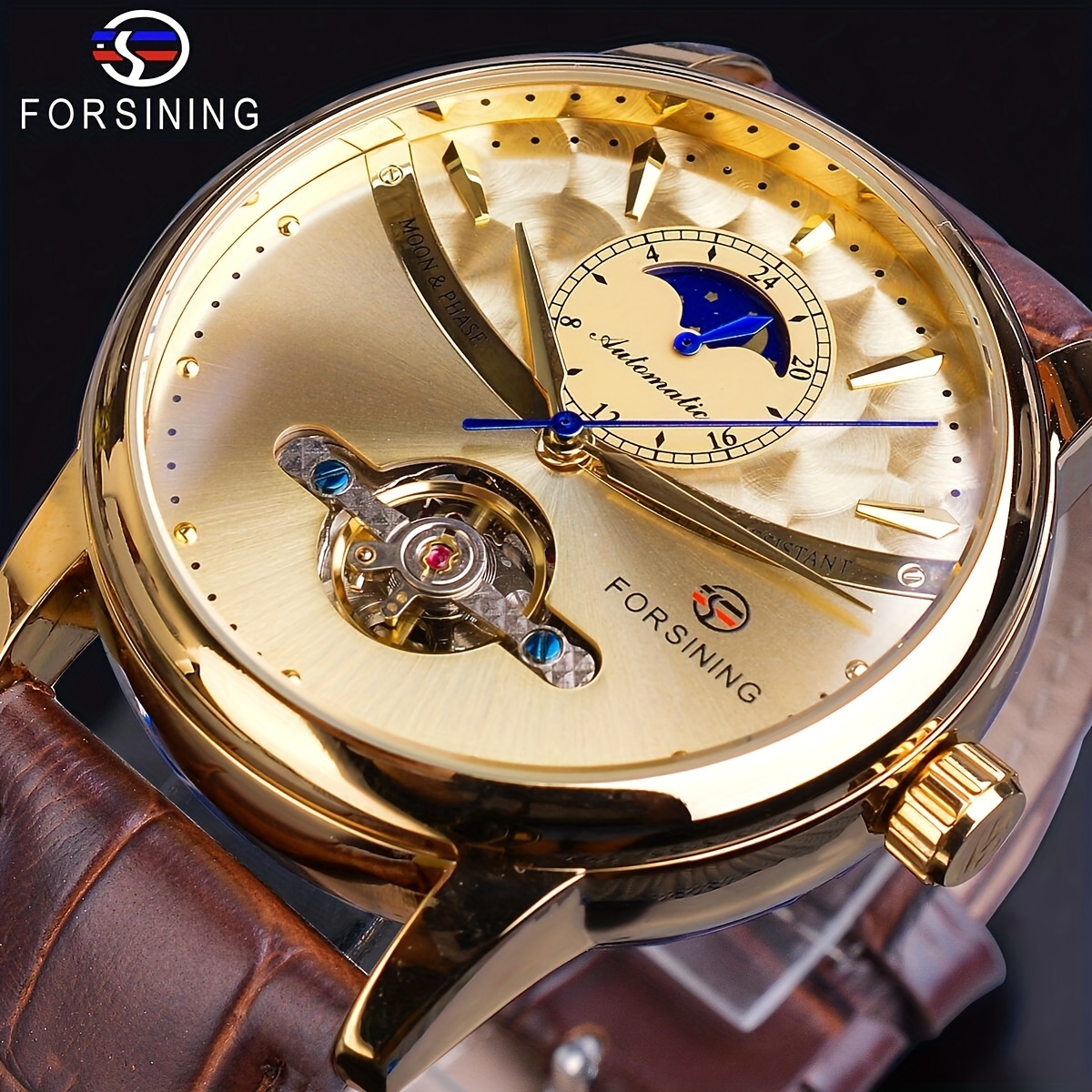 

Forsining Moon Phase Men's Mechanical Watch, Comfortable Casual Tourbillon Wristwatch, Ideal Choice For Gifts