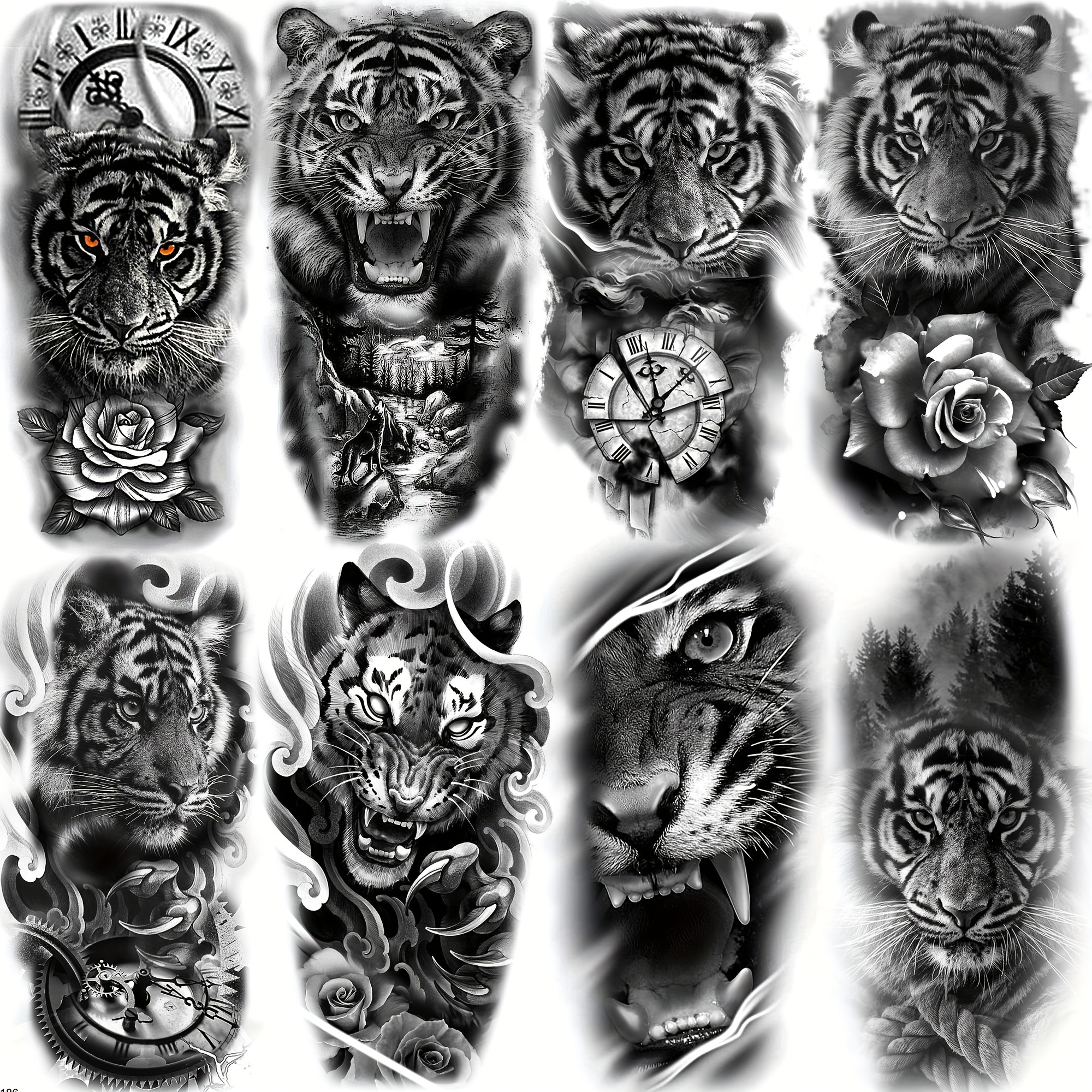 

8 Sheets Realistic Tribal Large Tiger Temporary Tattoo Stickers For Women Adults, Half Arm Sleeve Tattoos For Men, 3d Black Tiger Compass Flower Tattoos Decals