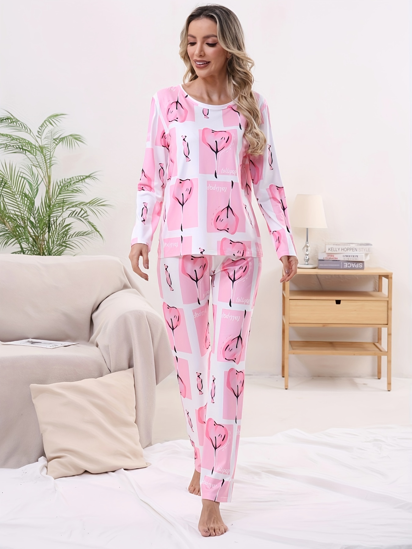 Casual Heart Print Fleece Pajama Set, Long Sleeve Crew Neck Top & Elastic  Pants For Valentine's Day, Women's Sleepwear & Loungewear