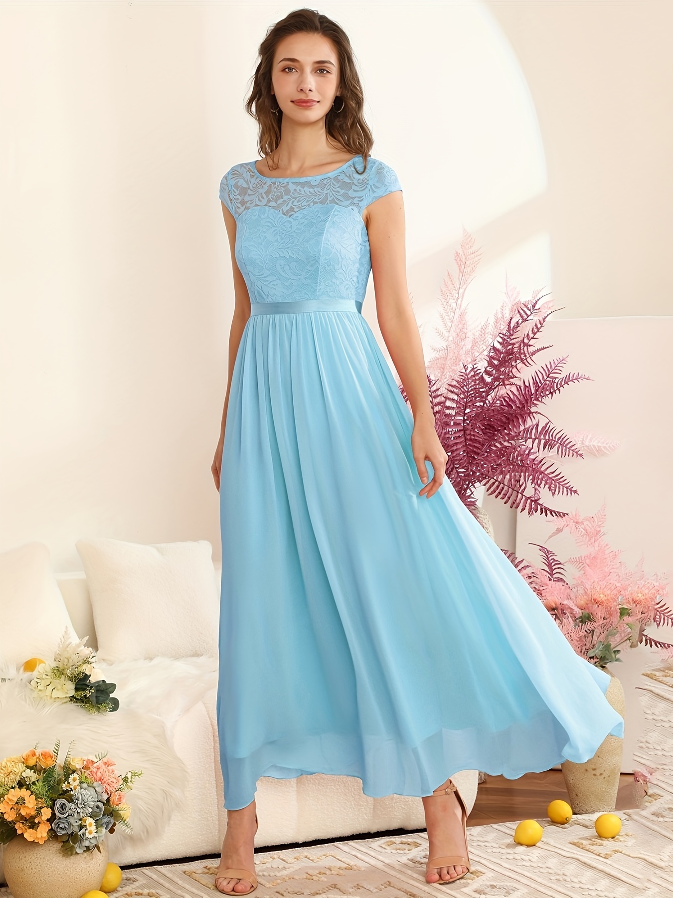 Solid Contrast Lace Party Dress Elegant V Neck 3/4 Sleeve - Temu