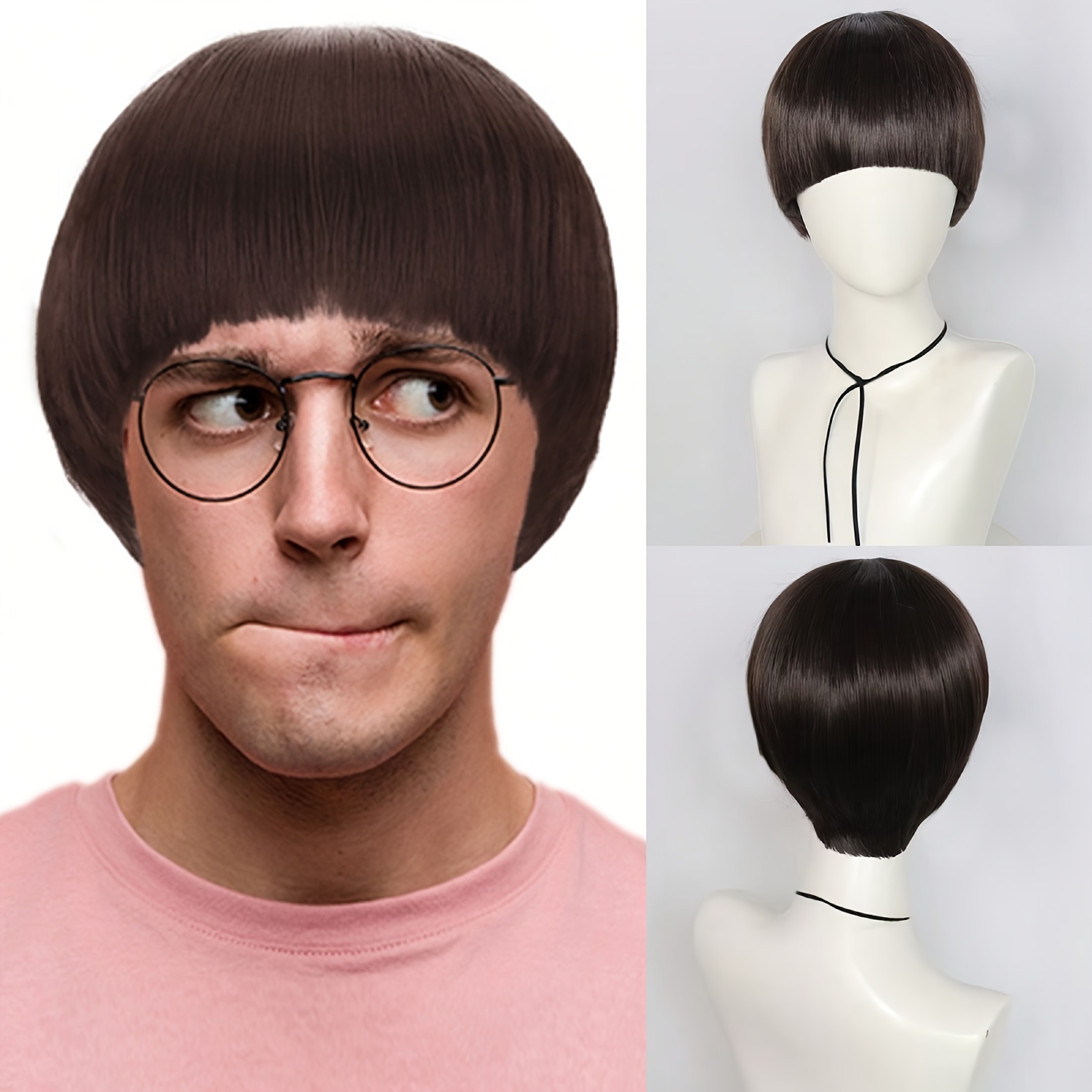 10Inch Synthetic Hair Short Brown 1960s Men Synthetic Bowl Cut Mushroom Cosplay Wig For Halloween Christmas School Thanksgiving