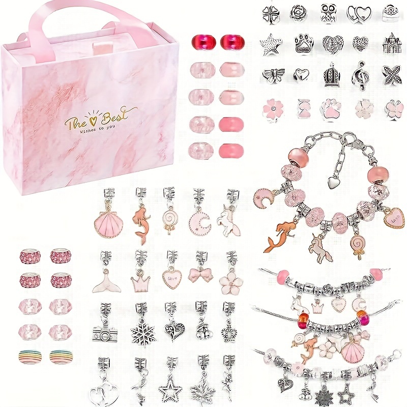 112 PCS DIY Charm Bracelet Necklaces Jewelry Making Kit with Pink Gift Box  for Girls Women Valentines Birthday Christmas Gift