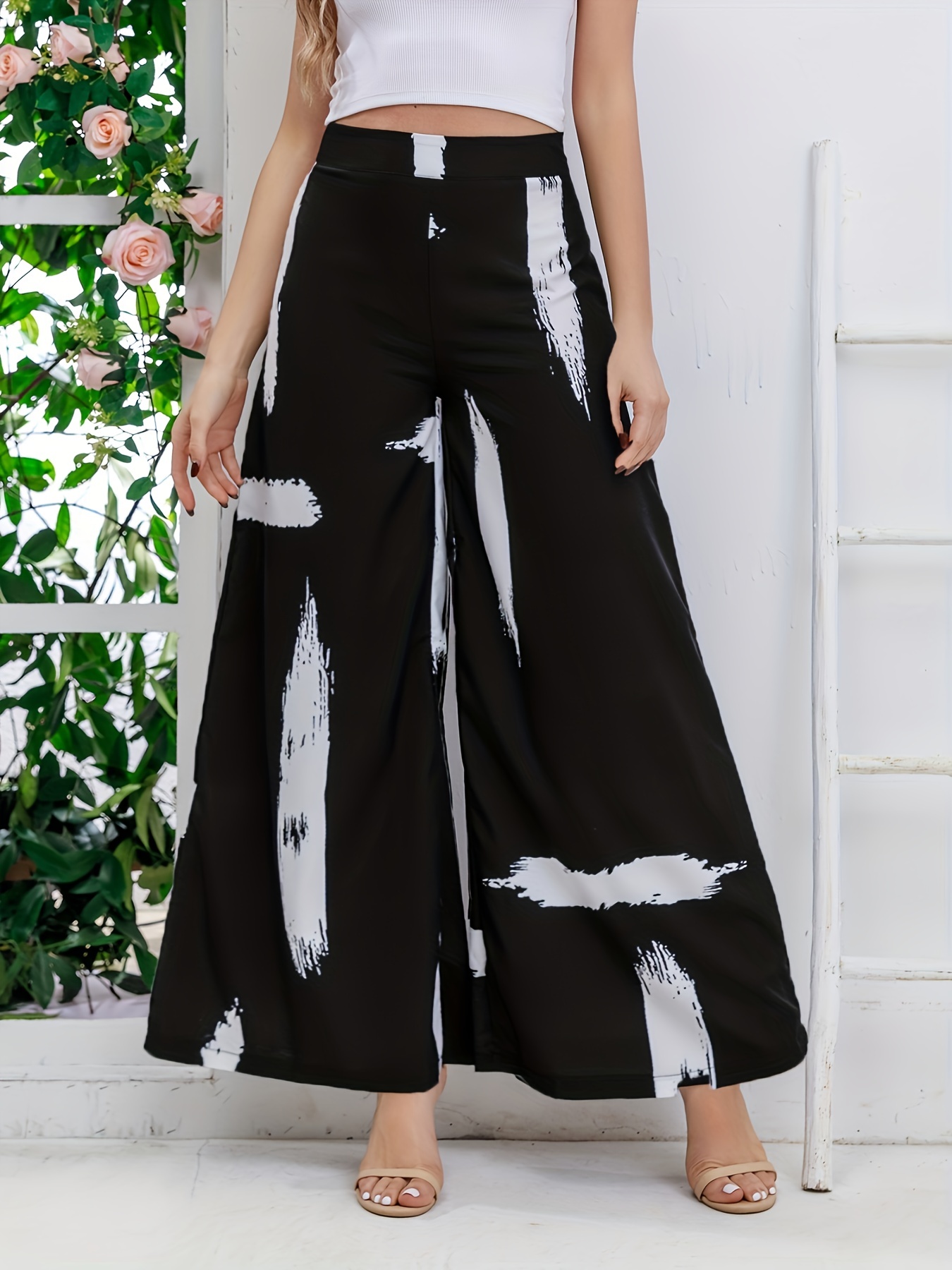 Newspaper Print Palazzo Pants, Casual High Waist Wide Leg Pants, Women's  Clothing