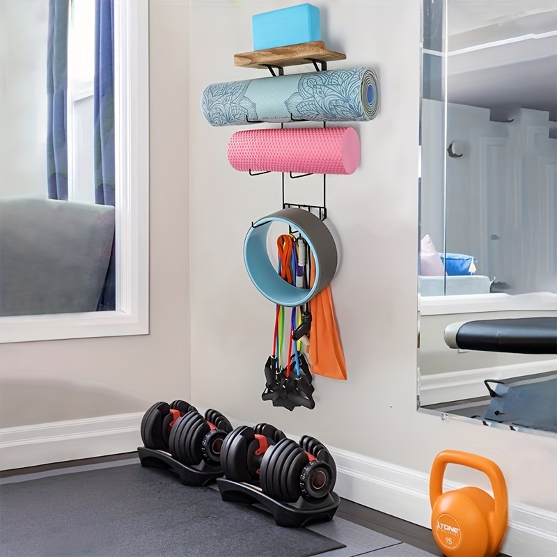  Wall Mount Yoga Mat Foam Roller and Towel Rack Hooks ,  Exercise Mat Storage Shelf for Hanging Yoga Strap and Resistance Bands at  Your Fitness Class or Home Gym, Adjustable