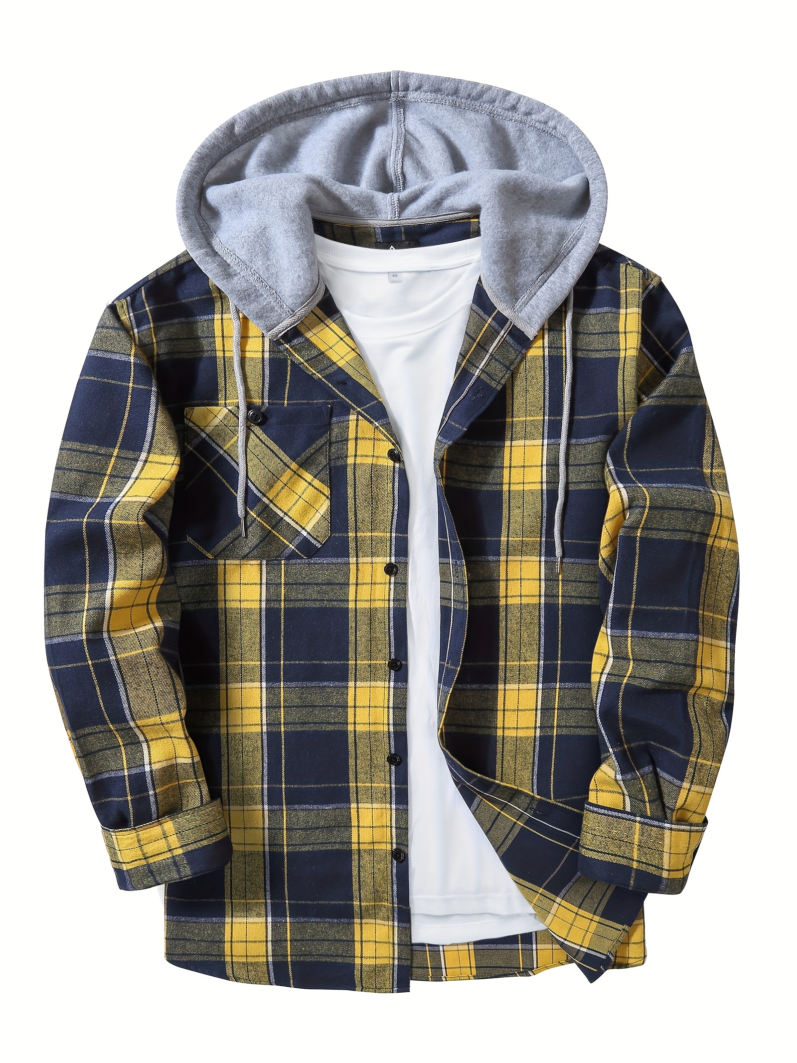 *'s Hooded Plaid Shirt Jacket with Pockets *-Fit Tartan Collar */*/Beige  Plaid Pattern, Machine Washable Casual Coat for