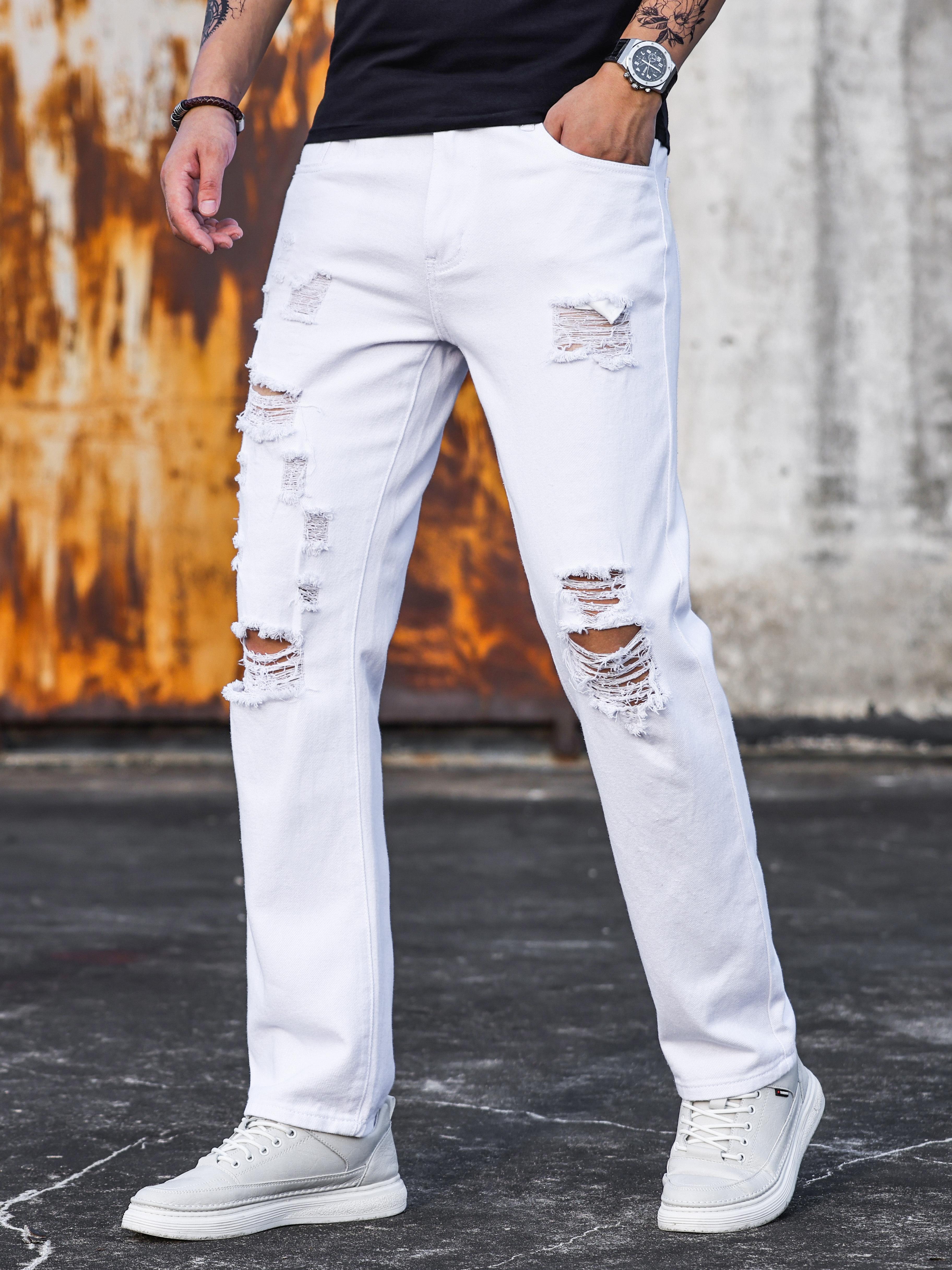 Mens Trousers Bottoms Slim Fit Distressed Frayed Ripped Jeans Denim Pants  Skinny