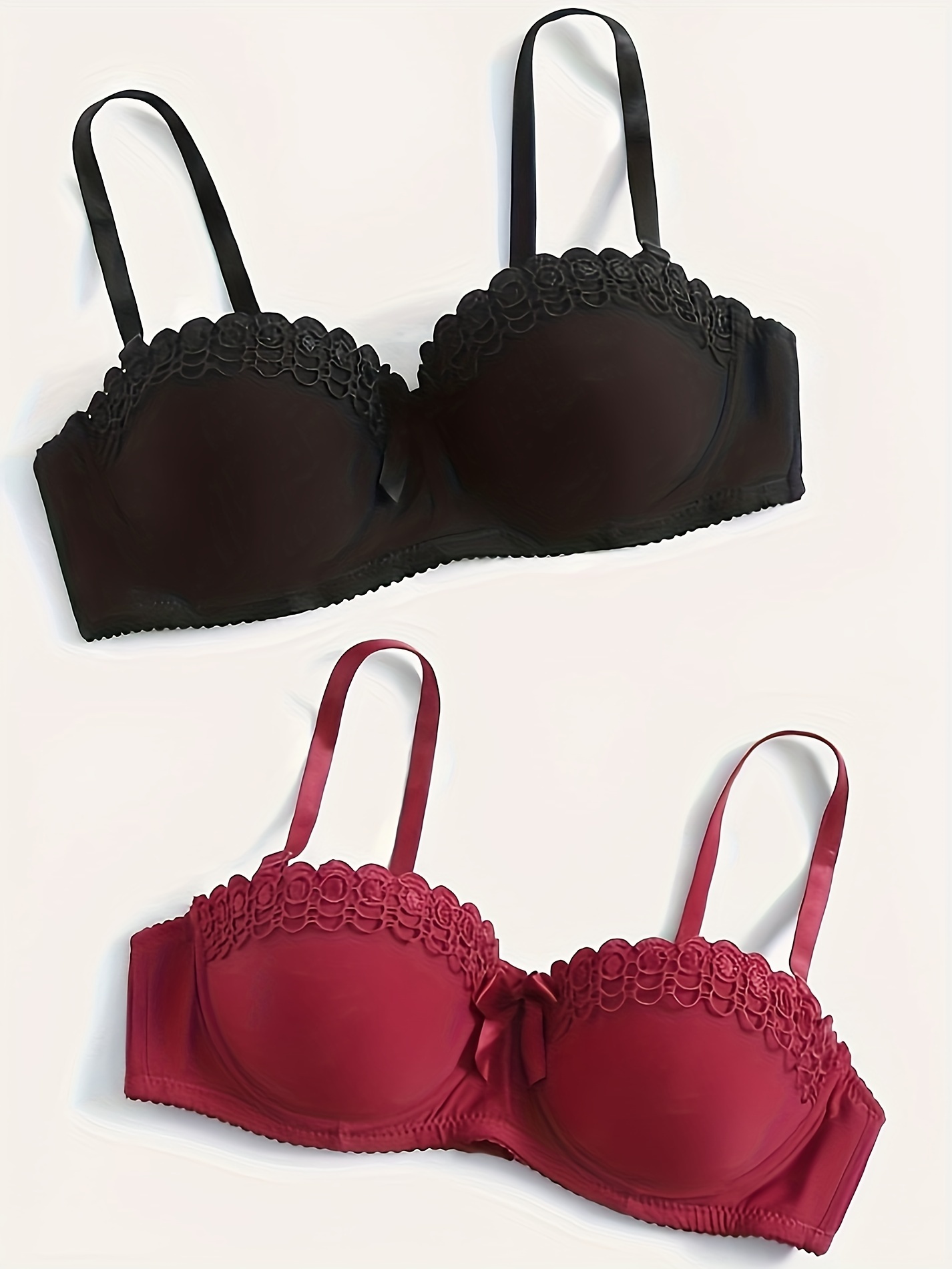 3pcs Contrast Lace Balconette Bras, Push Up Anti-sagging Everyday Bra,  Women's Lingerie & Underwear