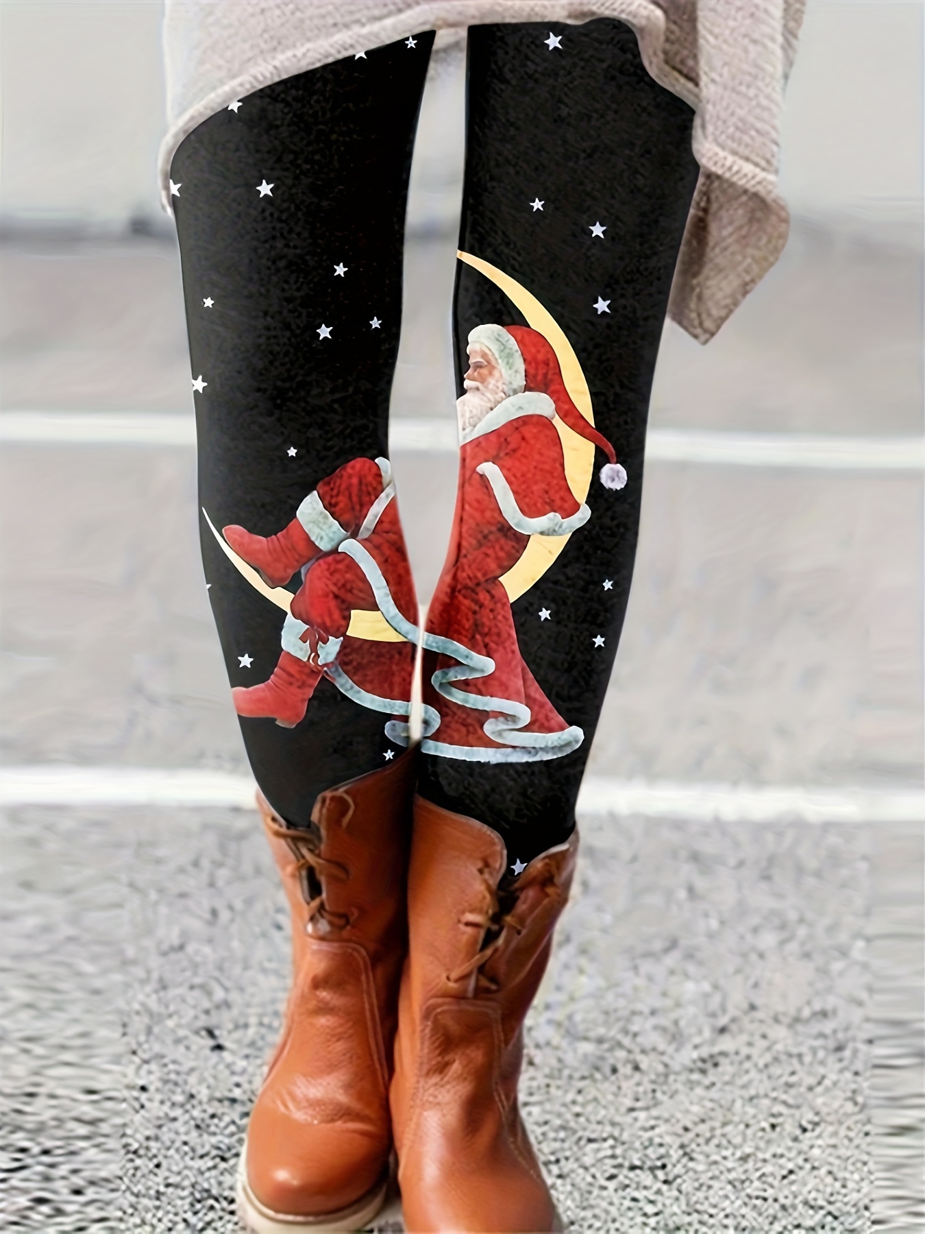 Plus Size Christmas Casual Leggins, Women's Plus Starry Sky & Santa Claus  Print Slight Stretch Slim Leggings