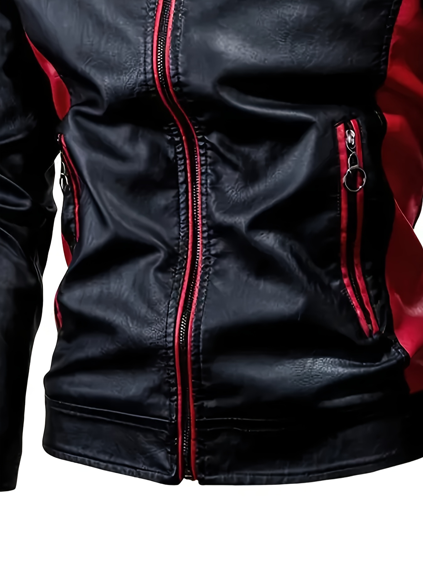 mens color block pu leather jacket casual stand collar zip up motorcycle jacket for outdoor riding 3