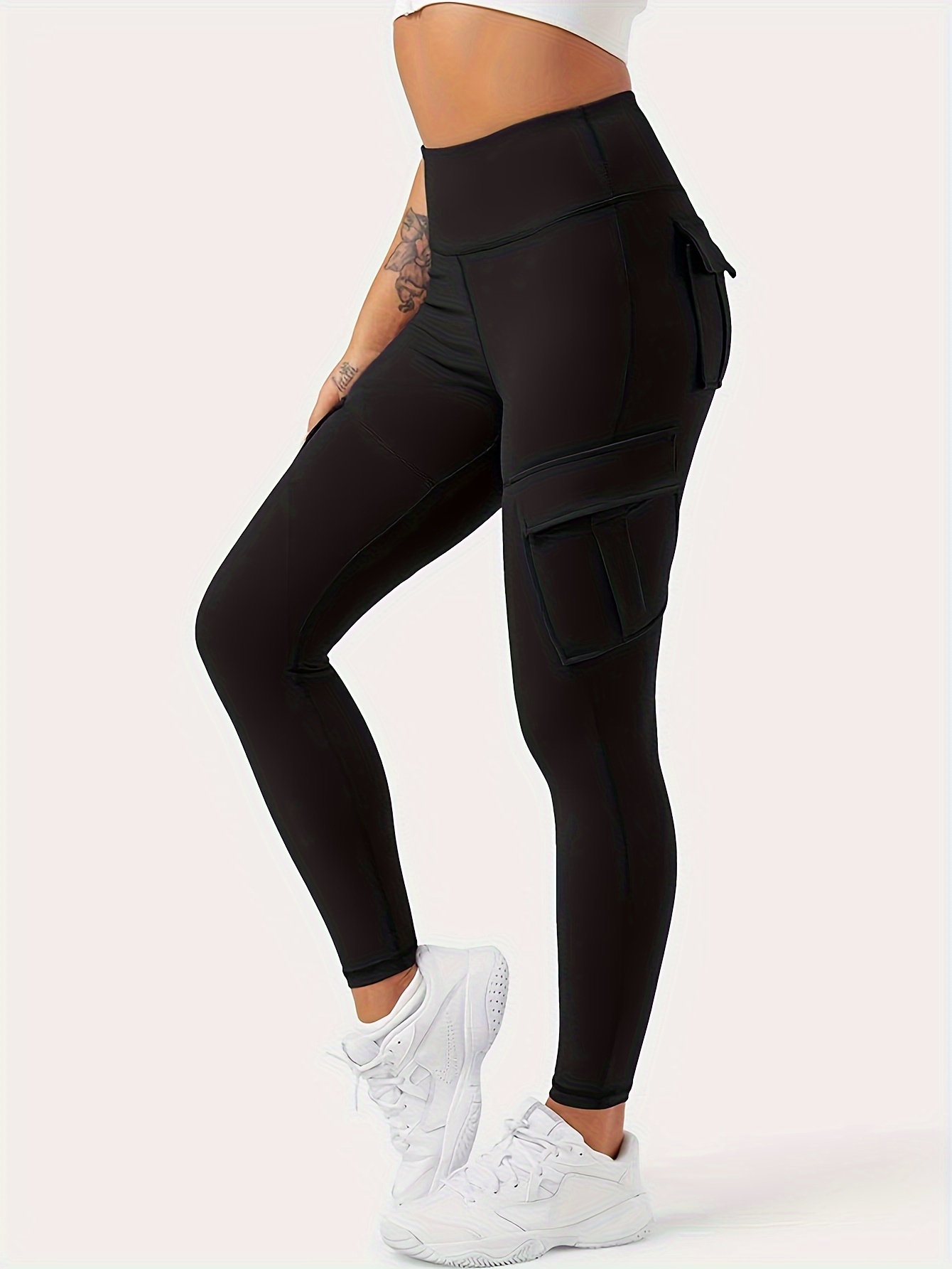 HOOUDO Cargo Leggings for Women with 4 Pockets High Waisted Stretchy Yoga  Pants Solid Slim-Fit Ladies Activewear Butt Lift Tummy Control Running  Tight