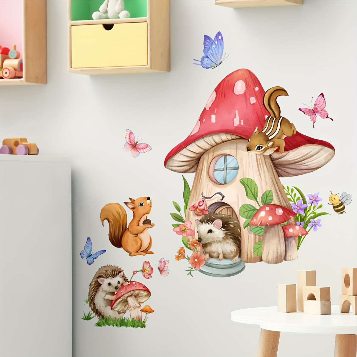 1pc Sticker, Cartoon Animal Mushroom Pattern Self-adhesive Wall Stickers, Bedroom Entryway Living Room Porch Home Decoration Wall Stickers, Removable Stickers, Wall Decor Decals