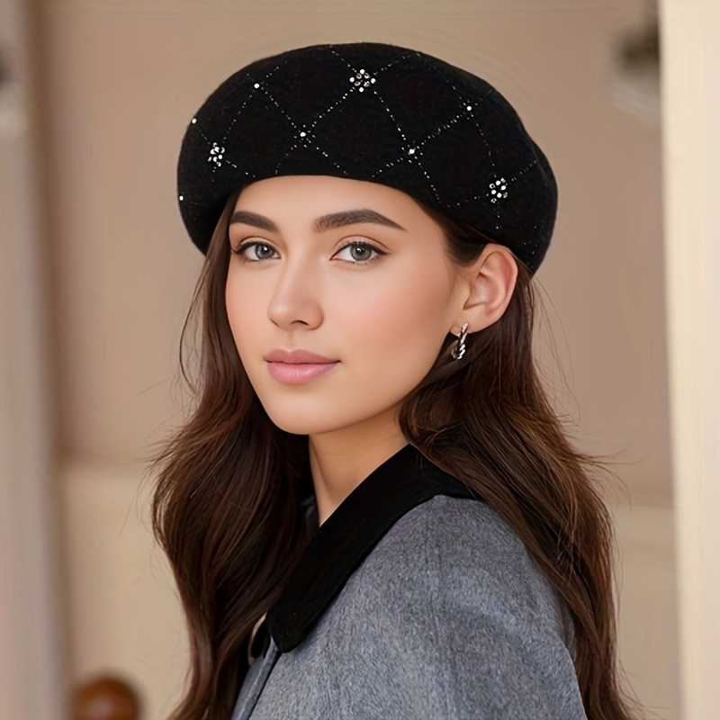 Flower Rhinestone Decor Women's Beret Hat Outdoor Casual Style